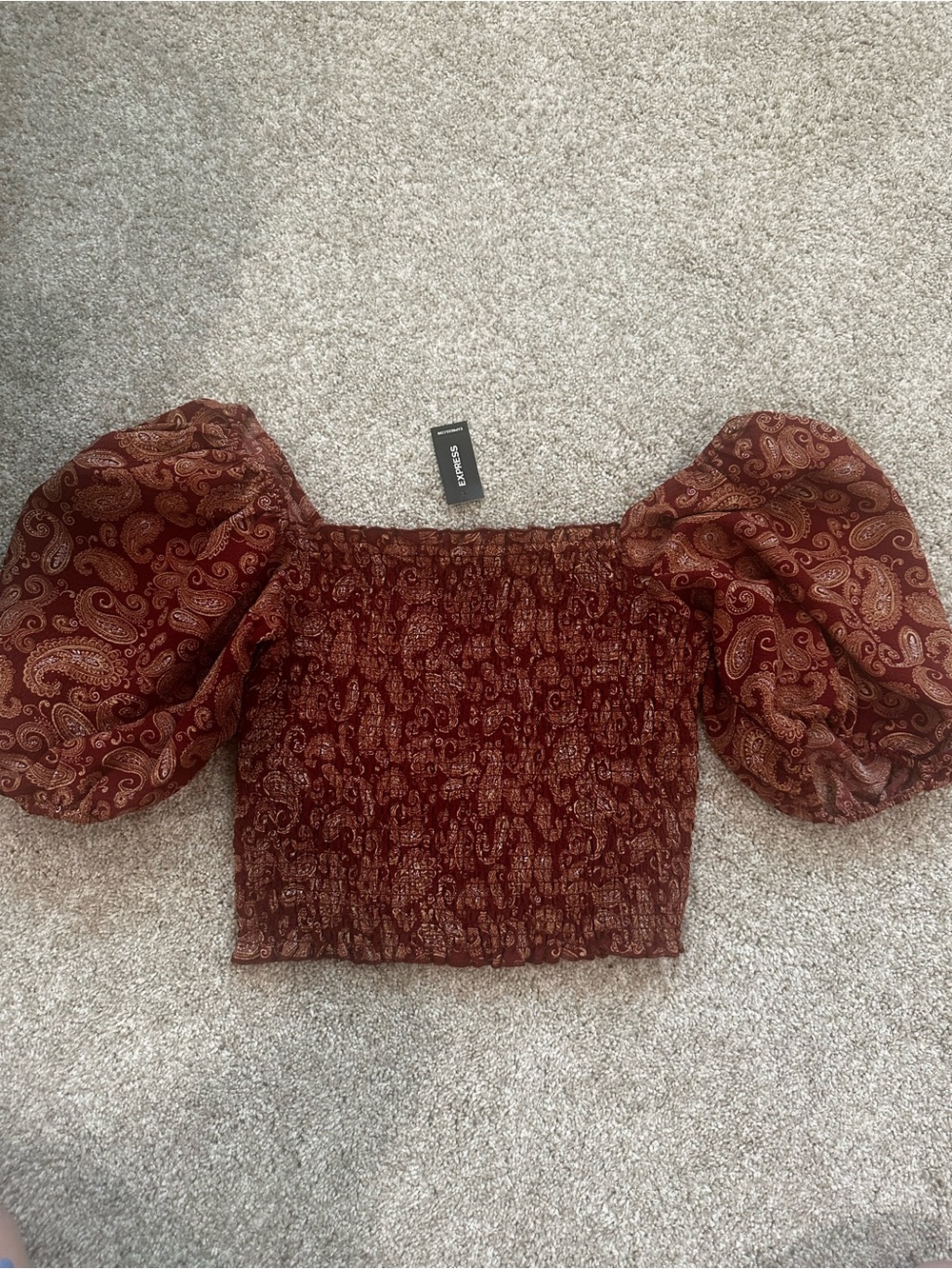 Express Burgundy Paisley Puff-Sleeve Smocked Crop Top